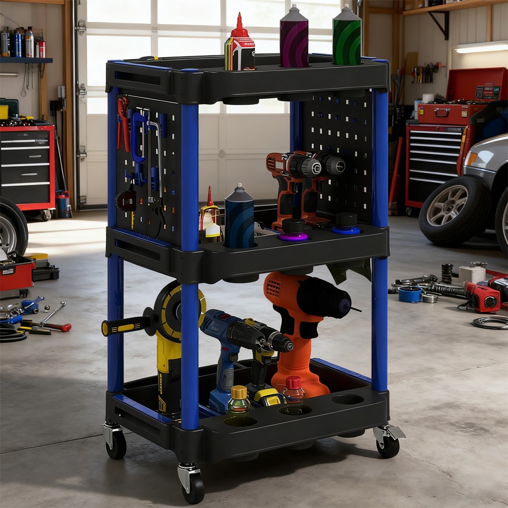 3-Tier Rolling Tool Cart, 200 LBS Capacity Plastic Utility Cart With Side Shelves For Garage Workshop, Black & Dark Blue_voghion.com